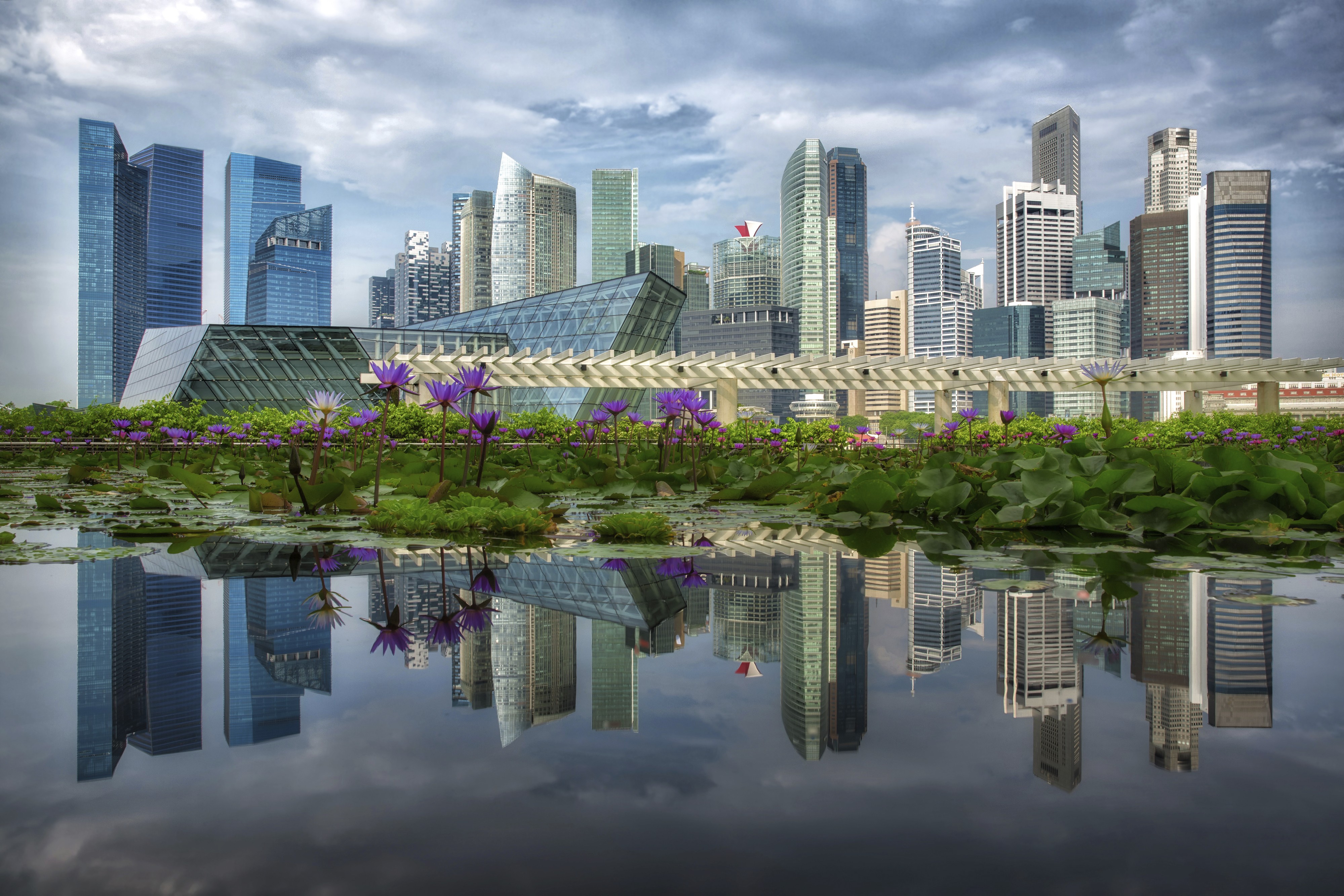 View of Singapore cityscape during the day from the view of the ocean